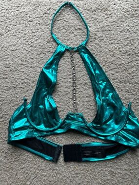 Shiny Teal Chain Halter Rave Top